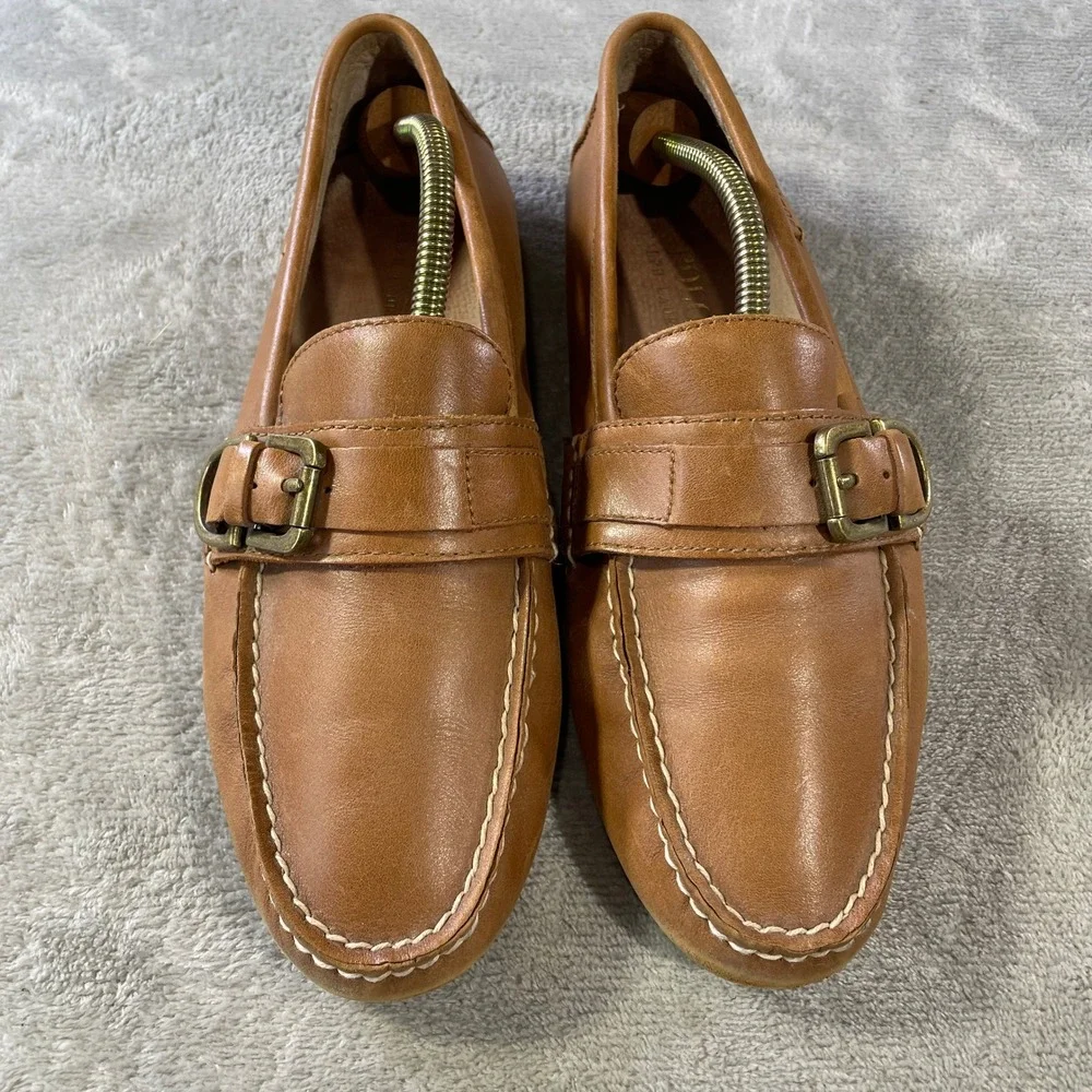 Polo Ralph Lauren Whiteley Driving Moccasin Loafers Mens 8.5 Tan Leather Buckle